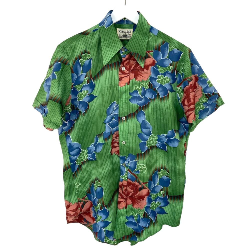 Retro Striped Floral 70's Style Collar Short Sleeve Shirt - Men's Size 15